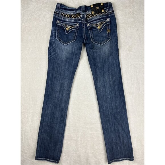 Miss Me Jeans Women 28 Blue Boot Cut Straight Low Rise Sequin Bling Rhinestone - Picture 1 of 10